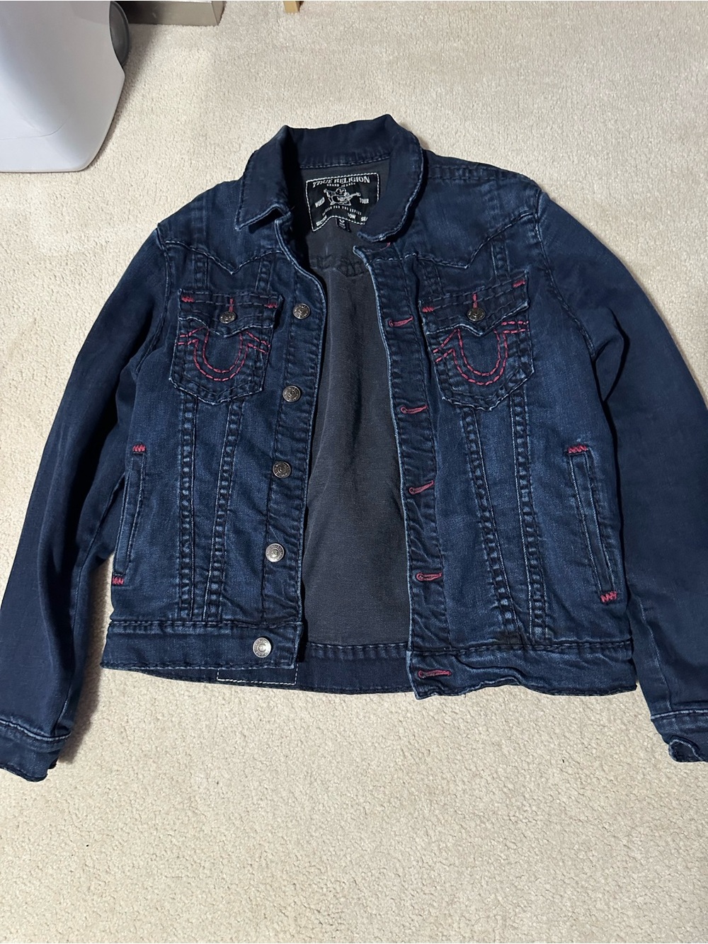 True Religion Kids Navy Blue Denim Jacket with Pink Stitching